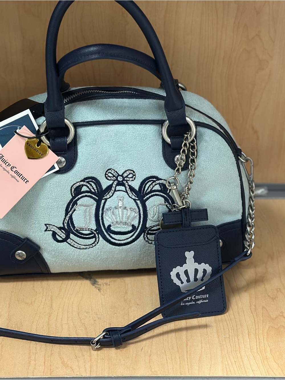 Juicy Couture Light Blue & Navy Crown Embroidered Satchel